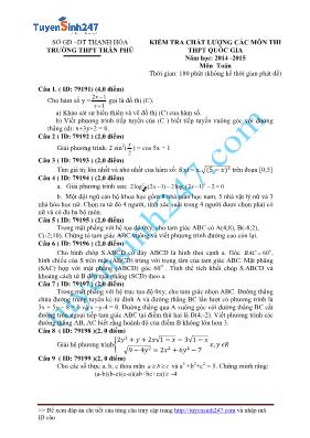 Đề kiểm tra chất lượng các môn thi THPT Quốc gia môn Toán - Năm học 2014-2015 - Trường THPT Trần Phú (Có đáp án)